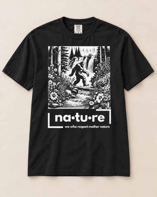 Bigfoot graphic tee, black, front view — Nature Wear Brand