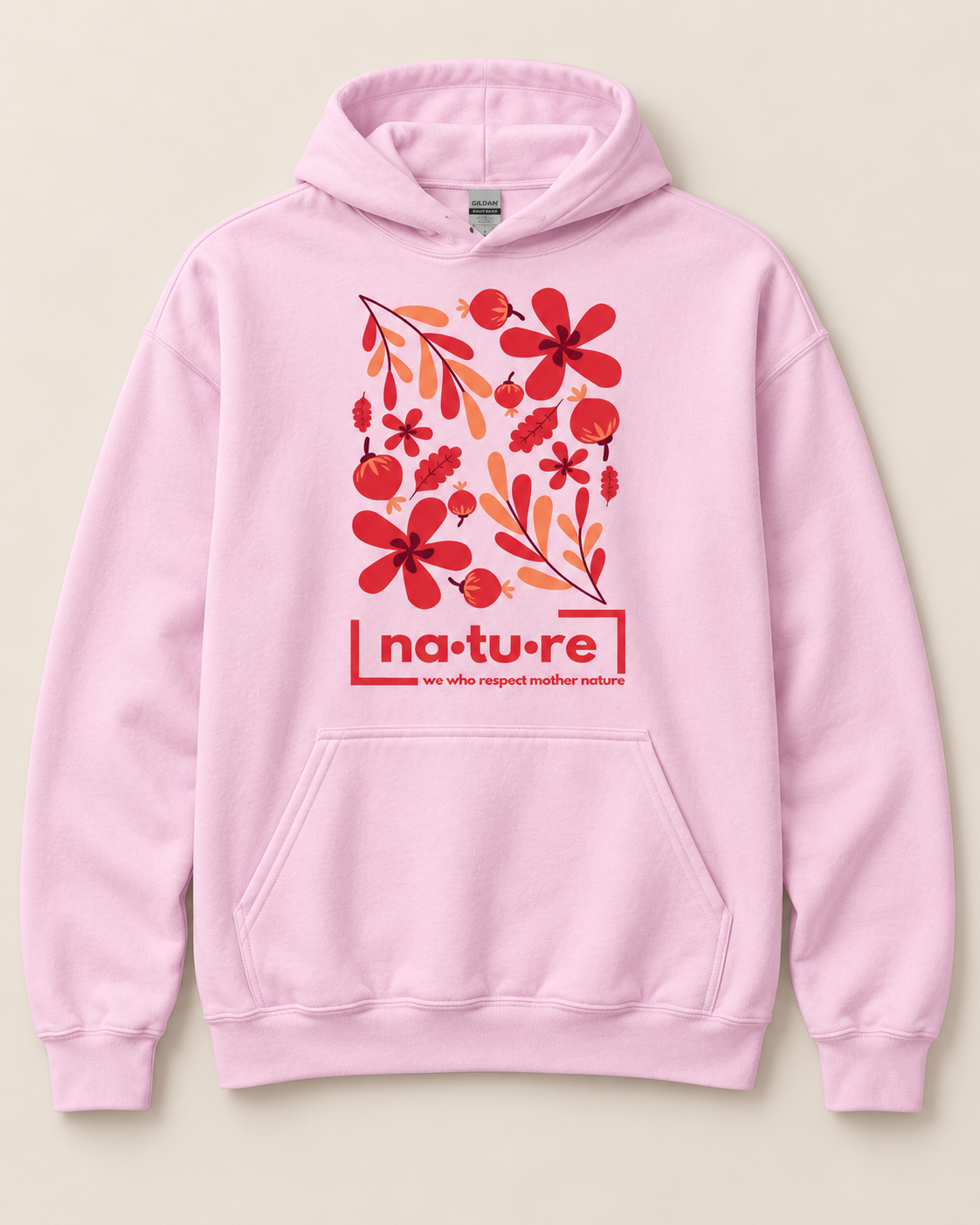 Floral graphic hoodie, light pink, front view — Nature Wear Brand