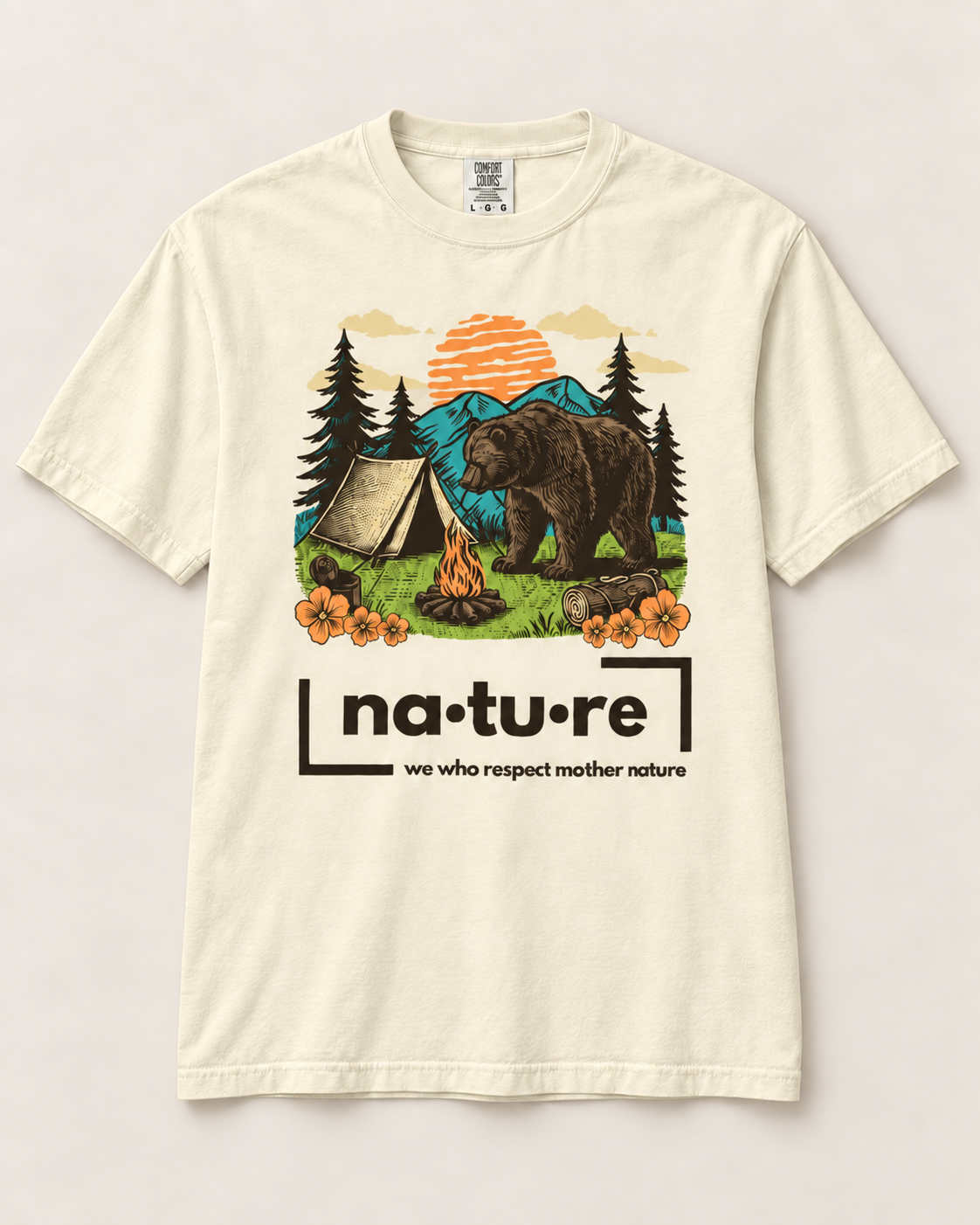 Camp bear shirt, white, front view — Nature Wear Brand