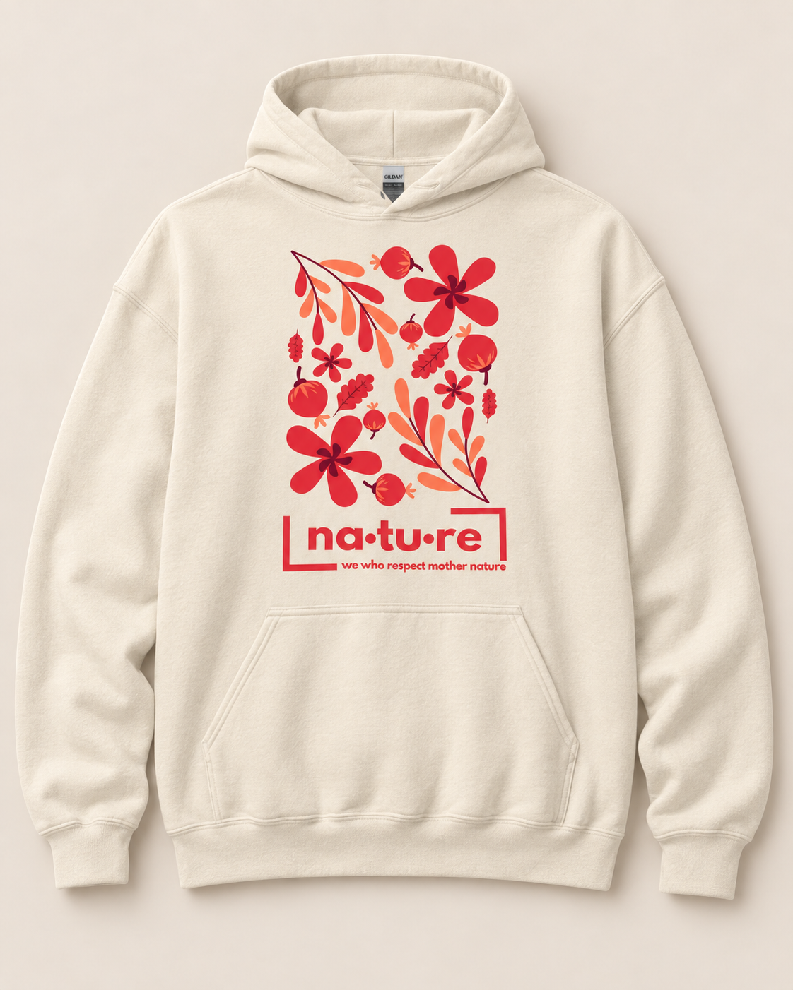 Floral graphic hoodie, sand, front view — Nature Wear Brand