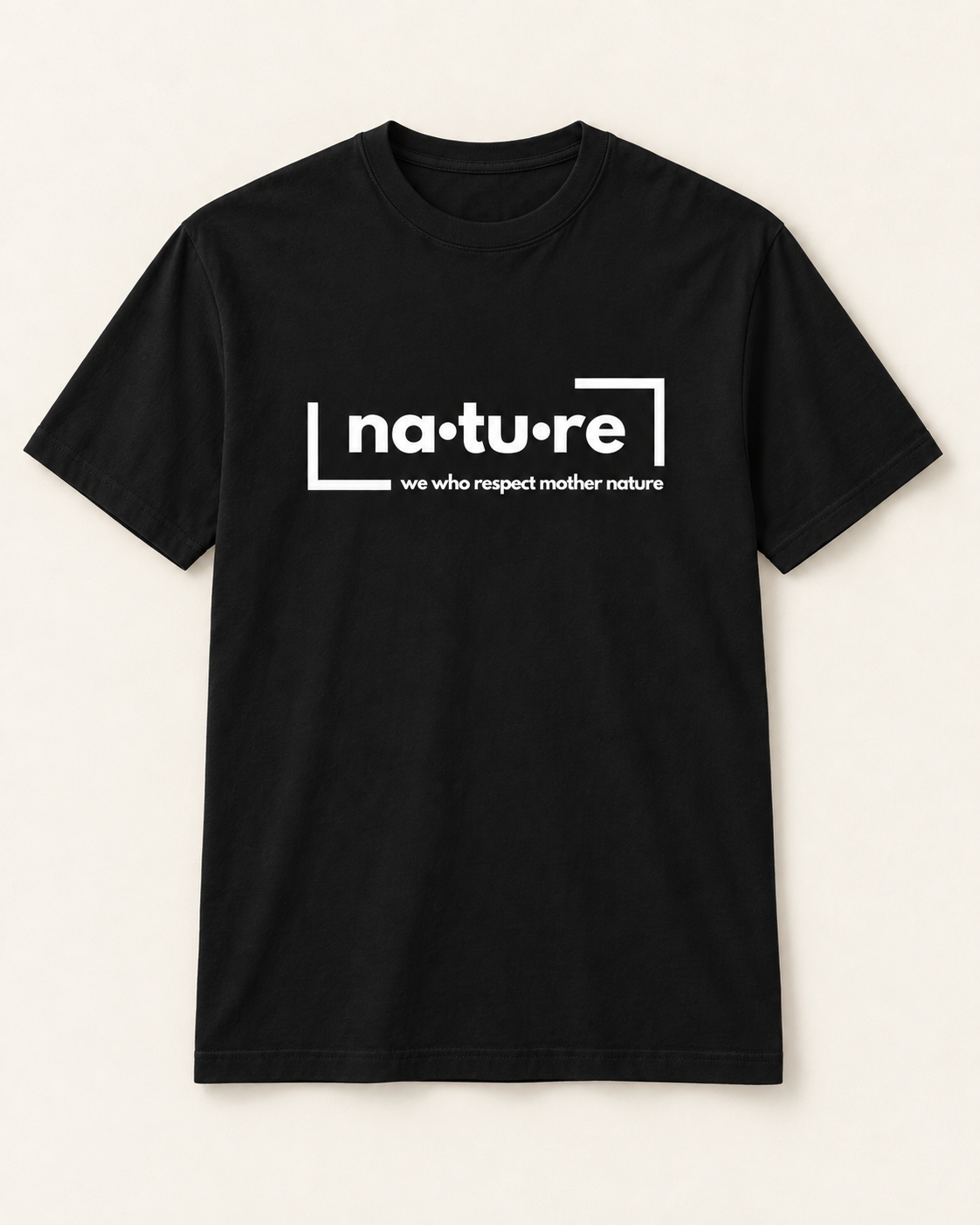 Nature slogan tee, black with white print, front view — Nature Wear Brand