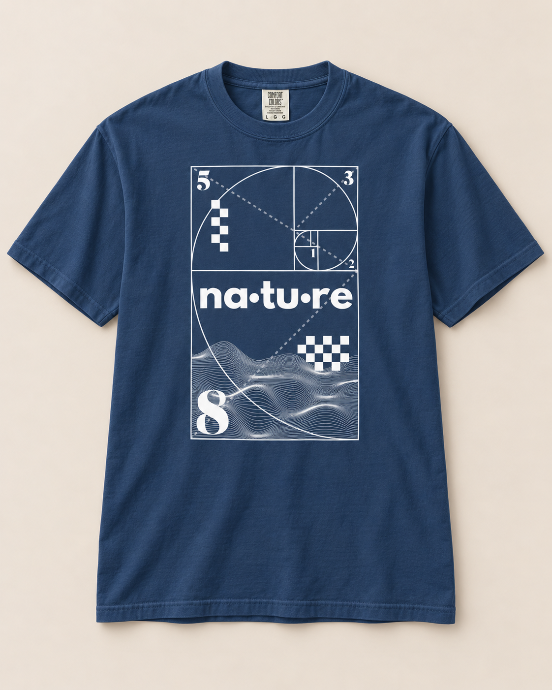 Fibonacci spiral t-shirt, navy, front view — Nature Wear Brand