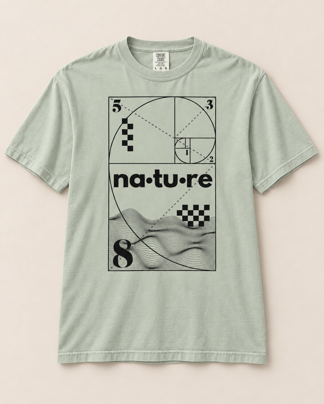 Fibonacci spiral t-shirt, sage, front view — Nature Wear Brand