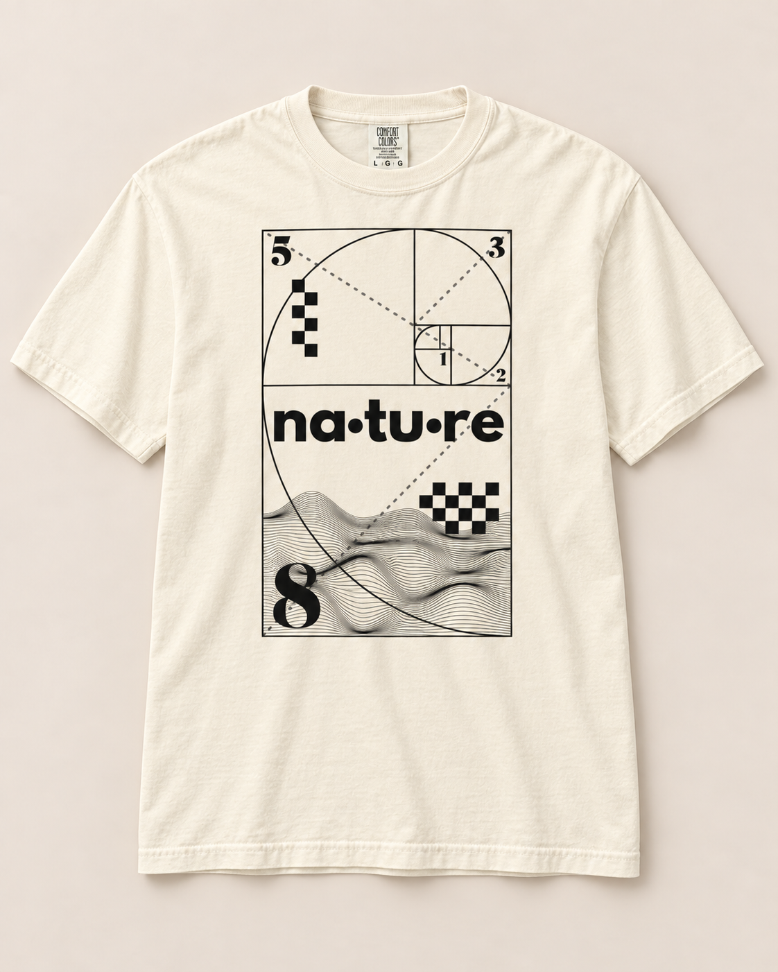 Fibonacci spiral t-shirt, ivory, front view — Nature Wear Brand