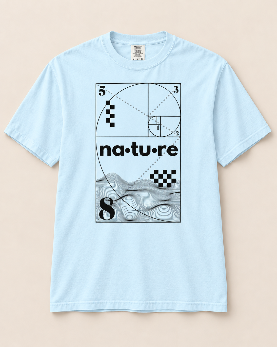 Fibonacci spiral t-shirt, ice blue, front view — Nature Wear Brand