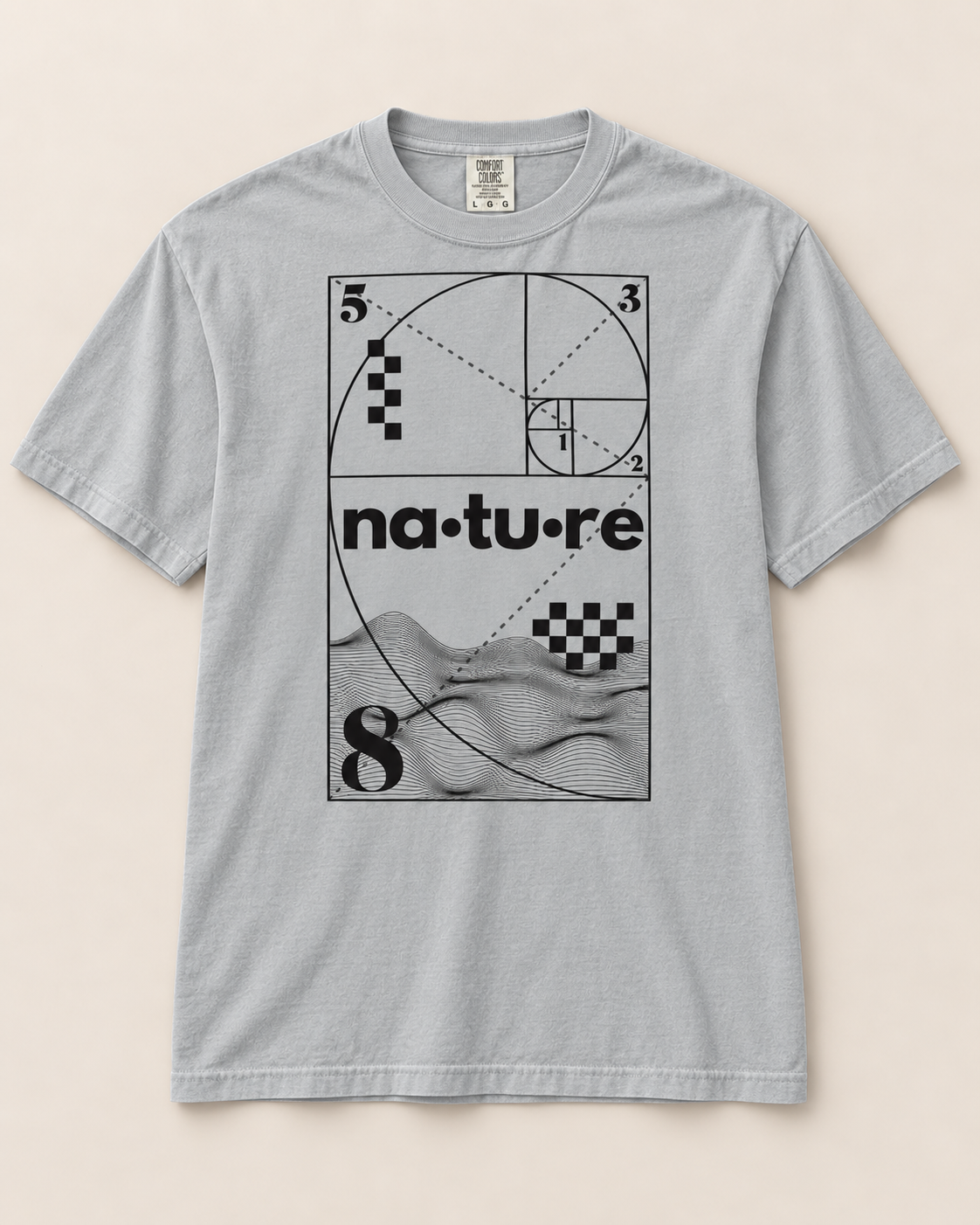 Fibonacci spiral t-shirt, granite, front view — Nature Wear Brand
