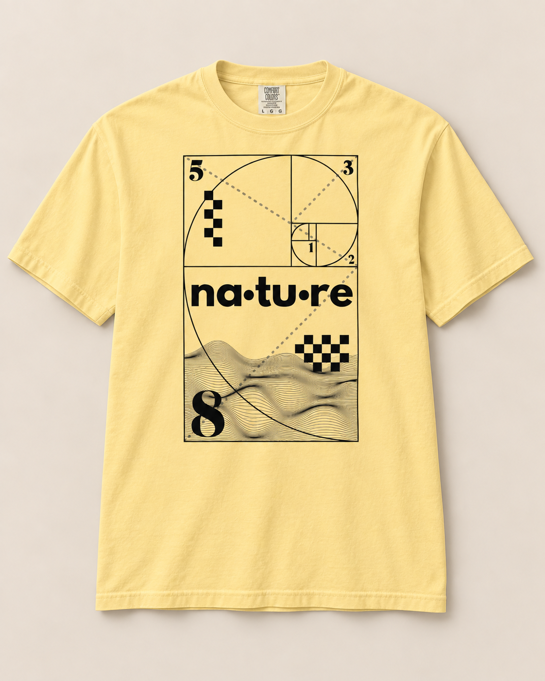 Fibonacci spiral t-shirt, butter, front view — Nature Wear Brand