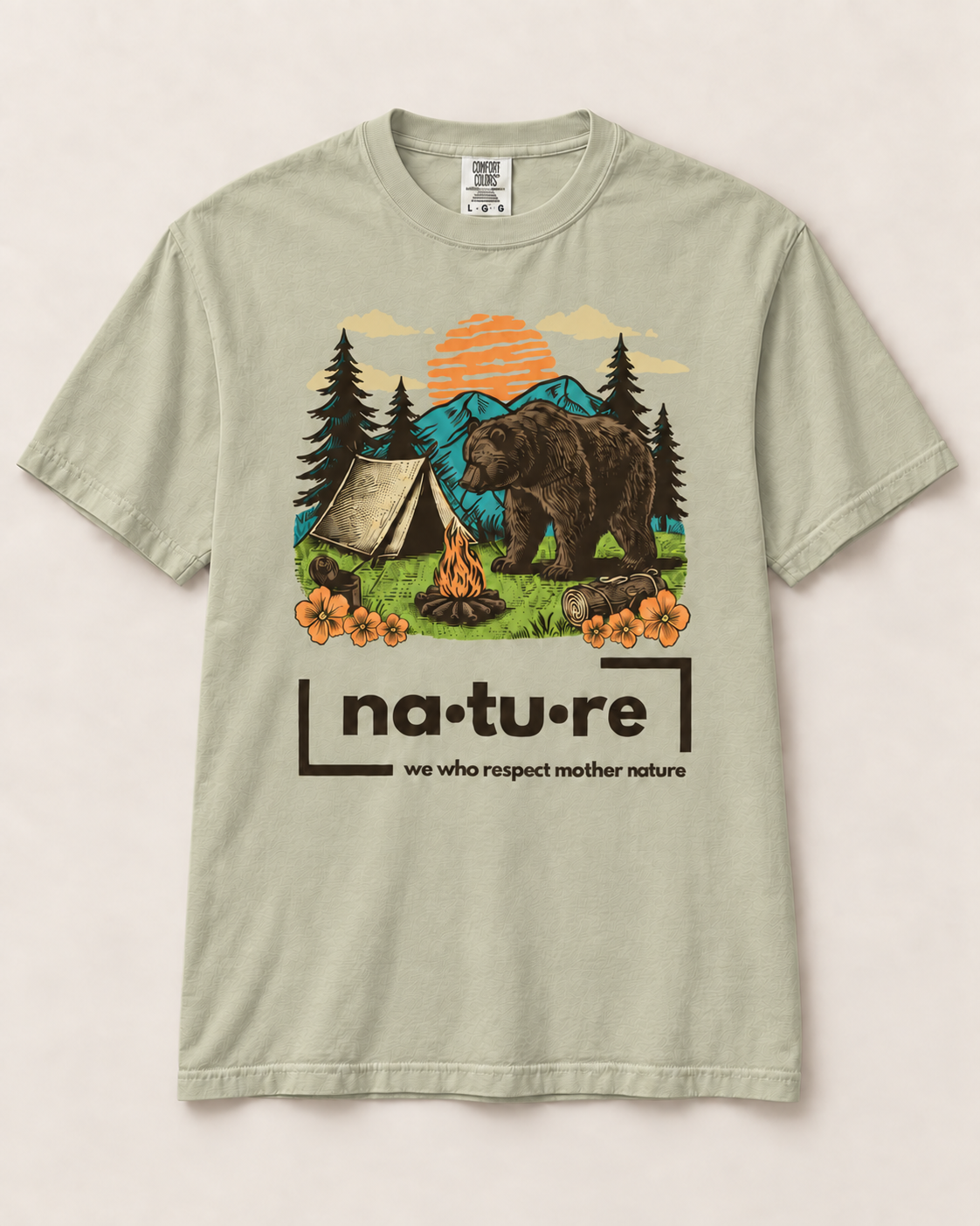 Camp bear shirt, sage, front view — Nature Wear Brand
