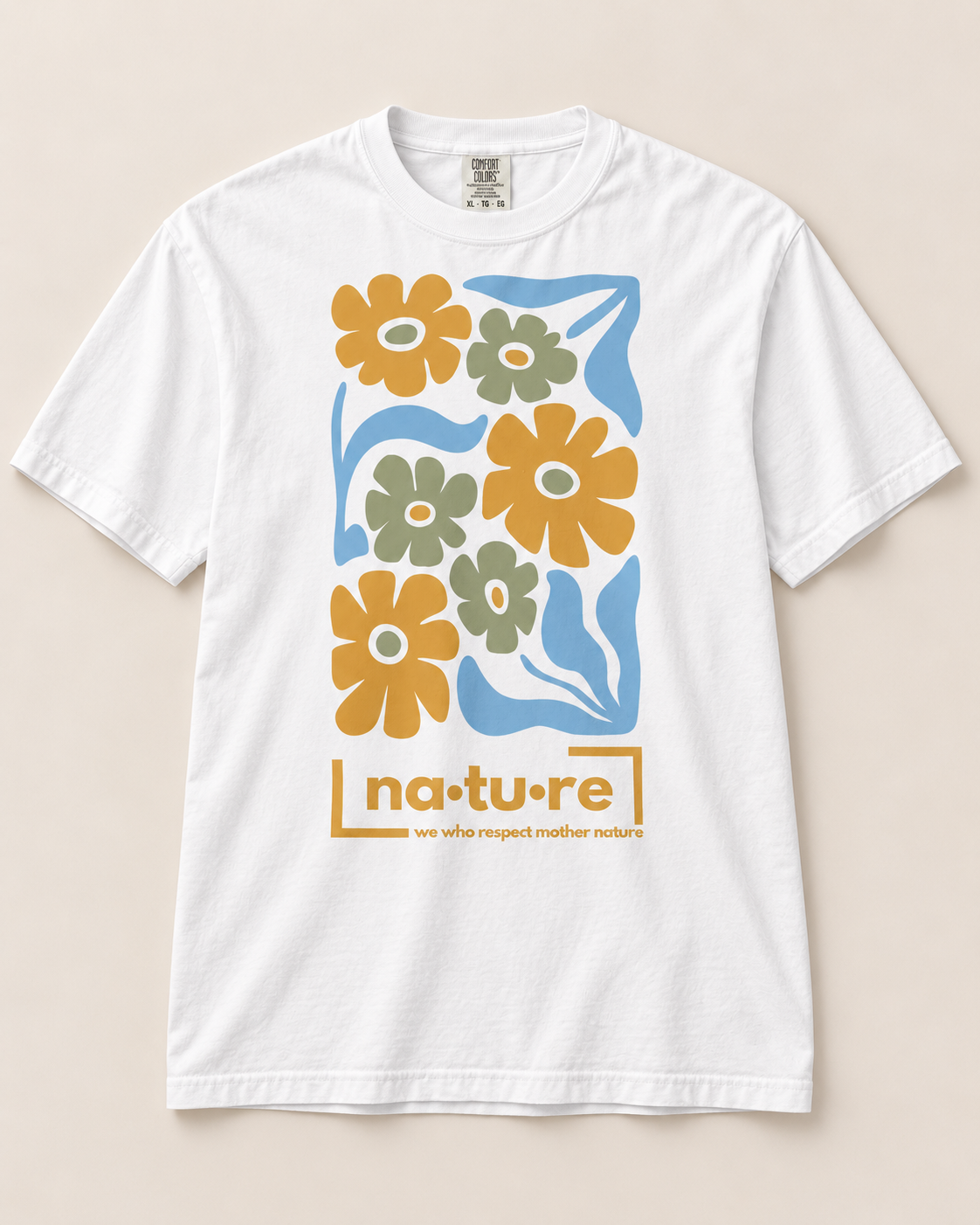 Boho flower shirt, white with gold logo, front view — Nature Wear Brand