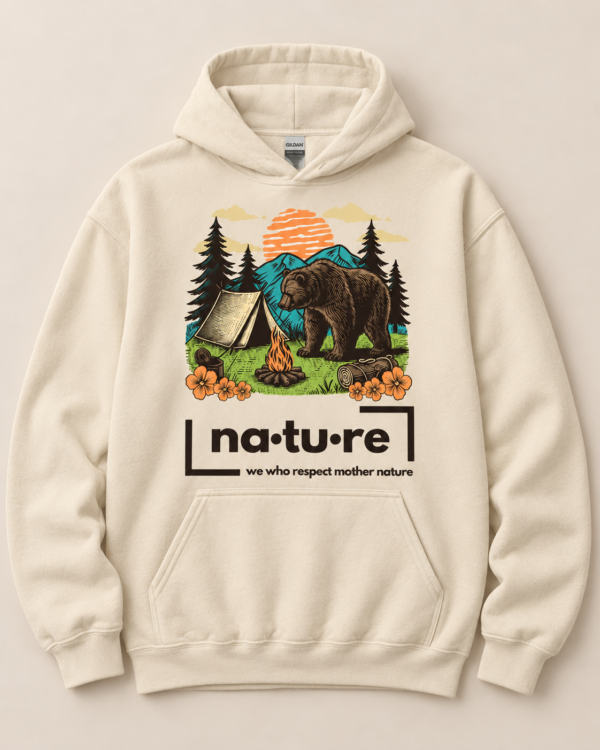 Camp bear hoodie, sand, front view — Nature Wear Brand