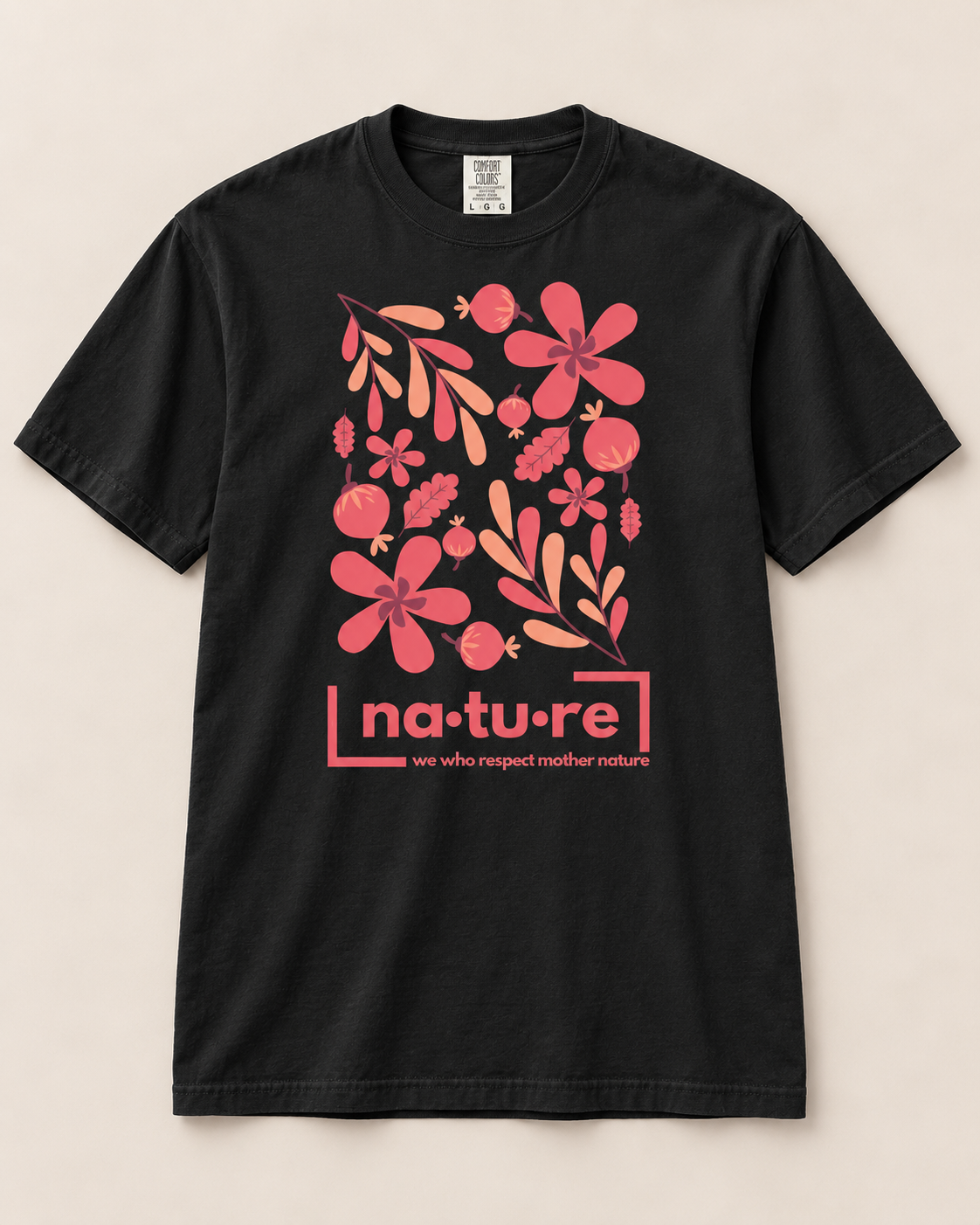 Floral graphic tee, black, front view — Nature Wear Brand