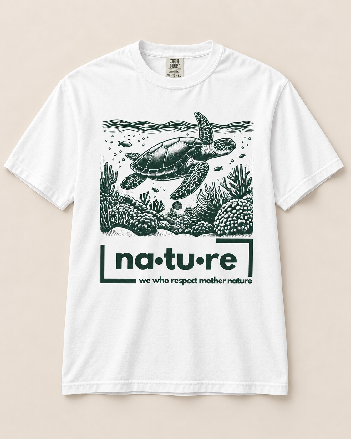 Sea turtle shirt, white with green print, front view — Nature Wear Brand
