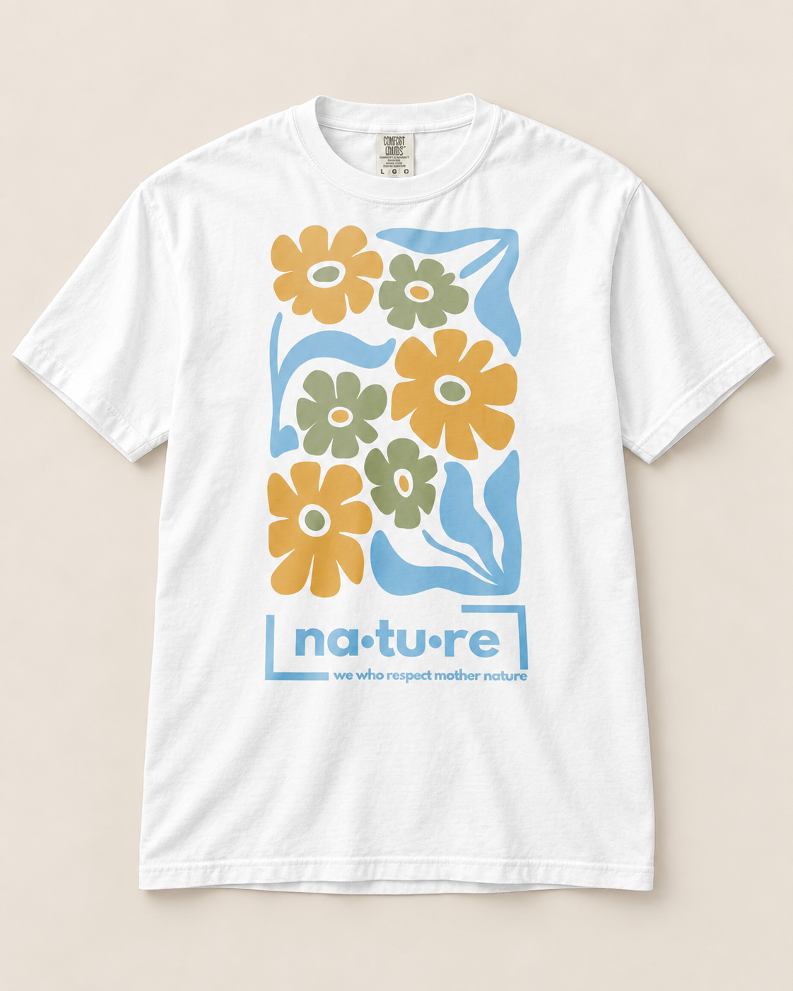Boho flower shirt, white with blue logo, front view — Nature Wear Brand