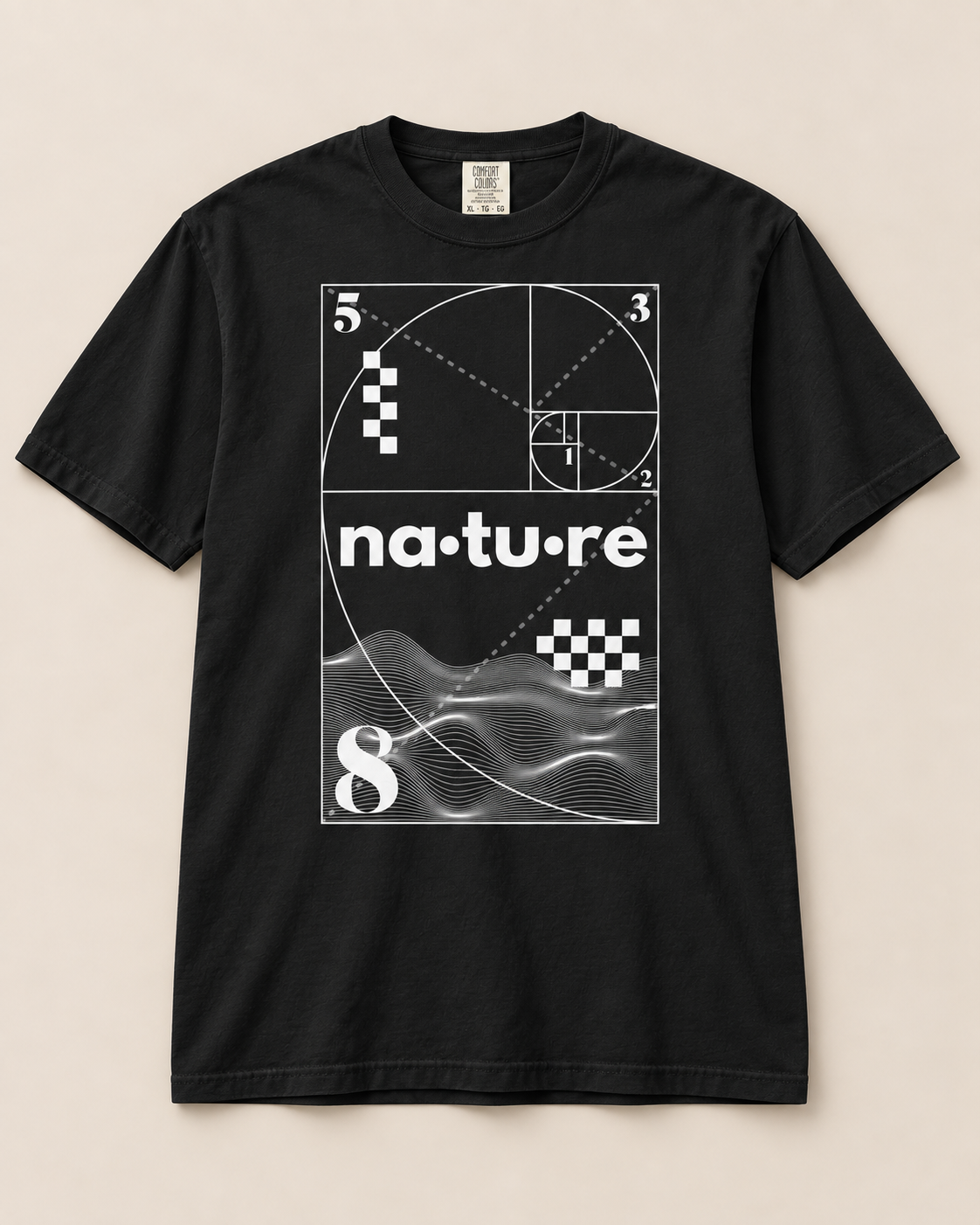 Fibonacci spiral t-shirt, black, front view — Nature Wear Brand