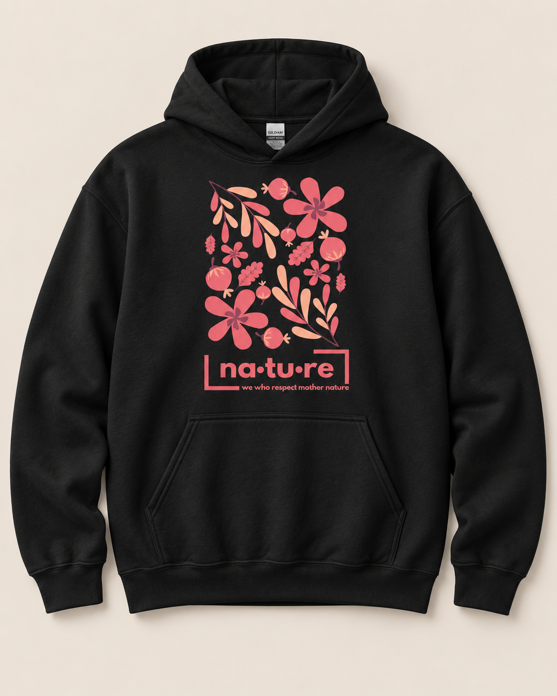 Floral graphic hoodie, black, front view — Nature Wear Brand
