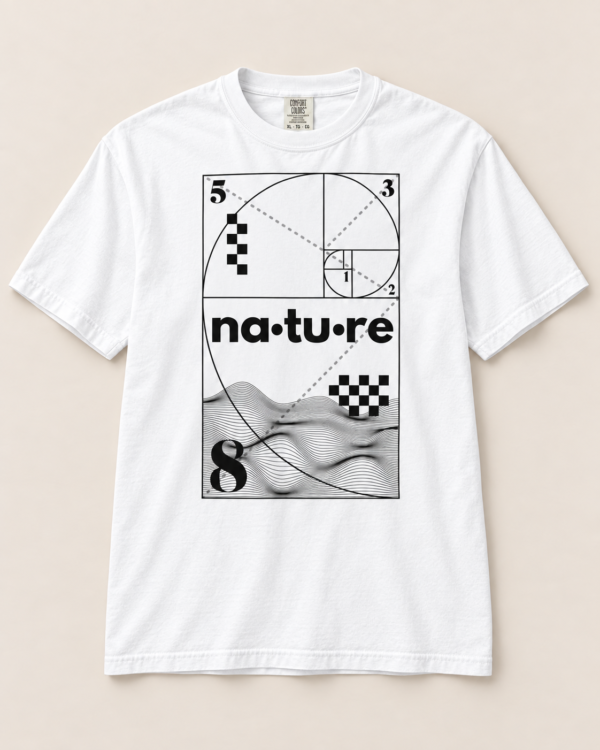 Fibonacci spiral t-shirt, white, front view — Nature Wear Brand