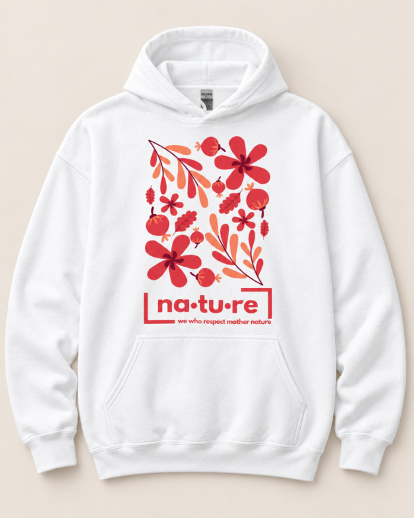 Floral graphic hoodie, white, front view — Nature Wear Brand