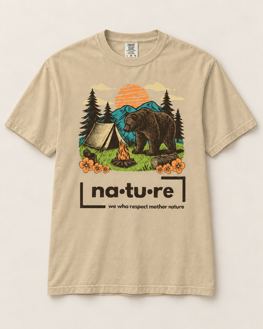 Camp bear shirt, sand, front view — Nature Wear Brand