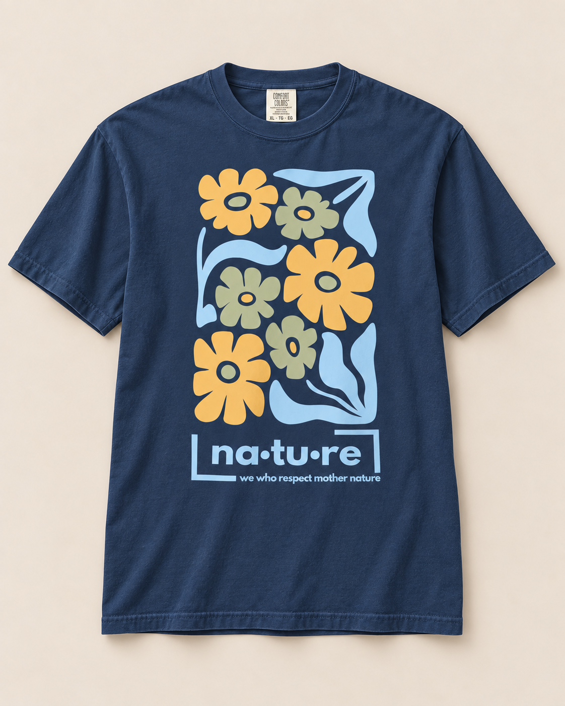 Boho flower shirt, navy, front view — Nature Wear Brand