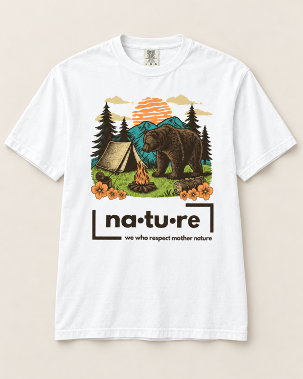 Camp bear shirt, white, front view — Nature Wear Brand