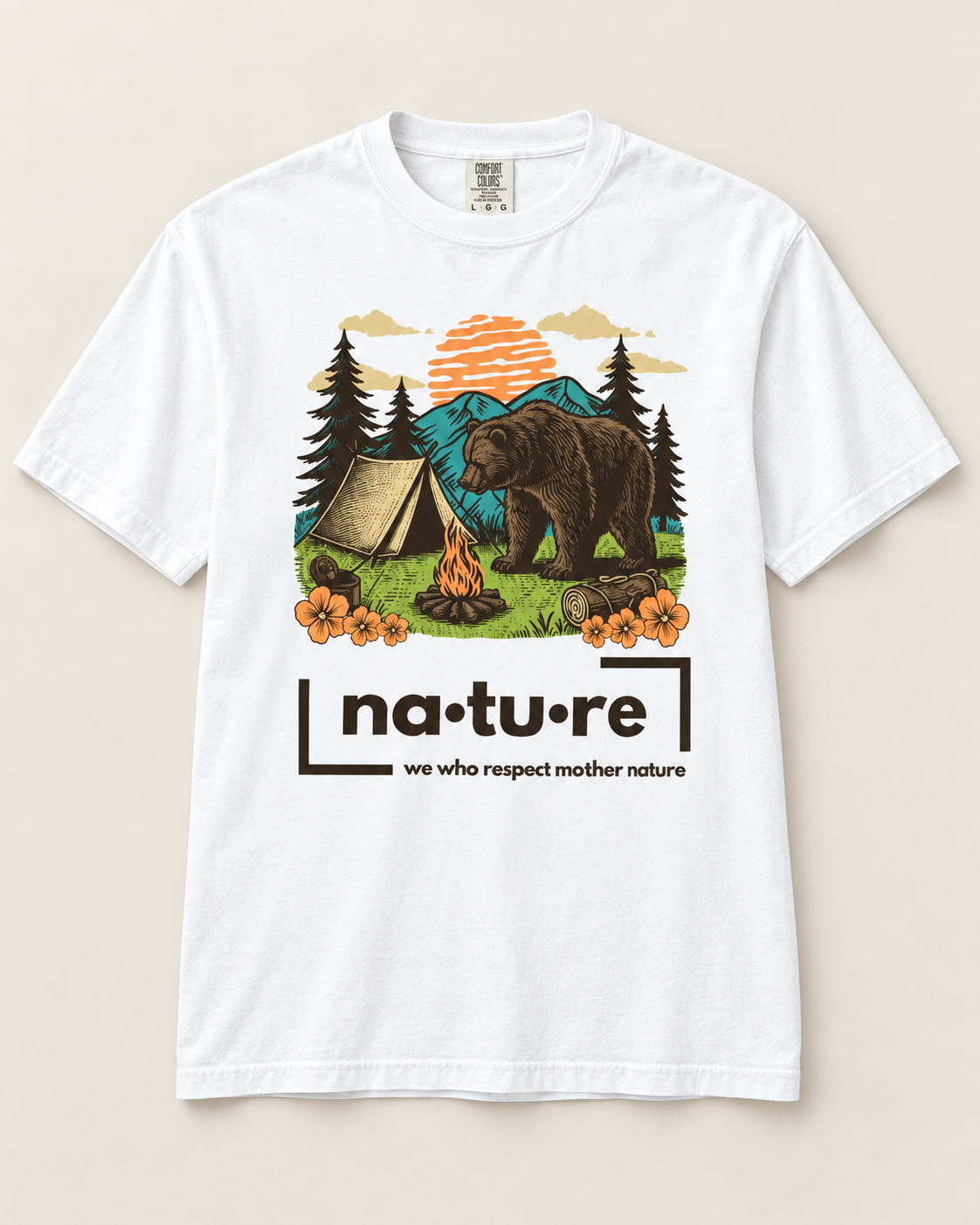 Camp bear shirt, white, front view — Nature Wear Brand