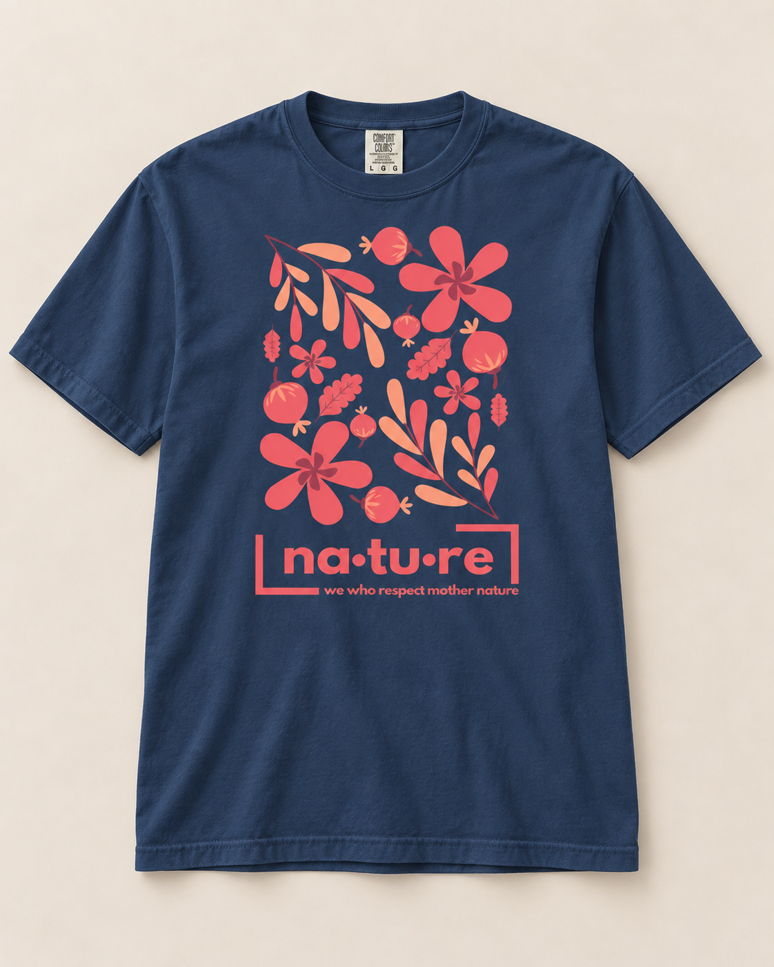 Floral graphic tee, navy, front view — Nature Wear Brand