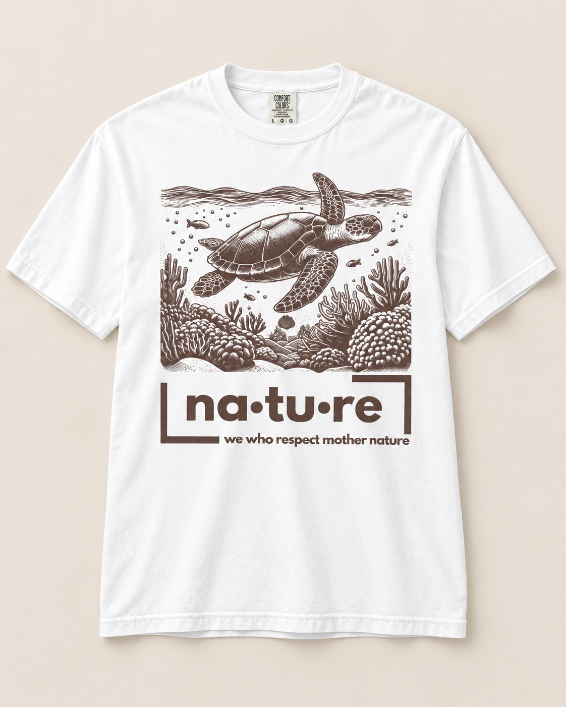Sea turtle shirt, white with brown print, front view — Nature Wear Brand
