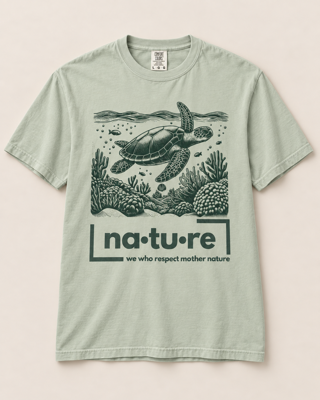 Sea turtle shirt, sage, front view — Nature Wear Brand