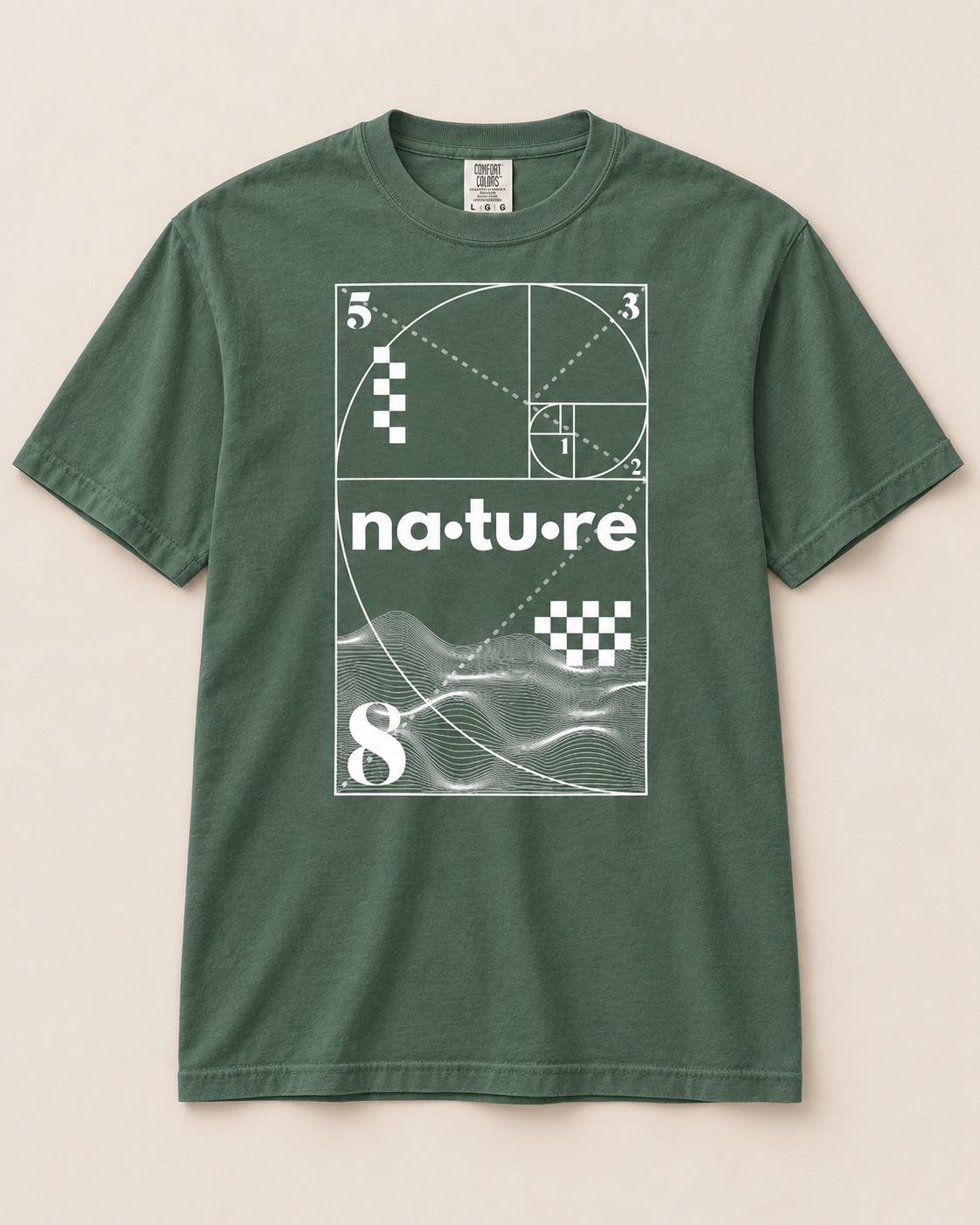 Fibonacci spiral t-shirt, forest, front view — Nature Wear Brand