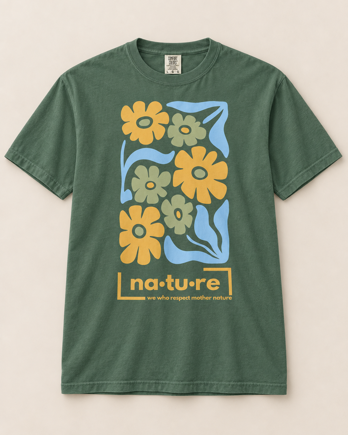 Boho flower shirt, forest green, front view — Nature Wear Brand