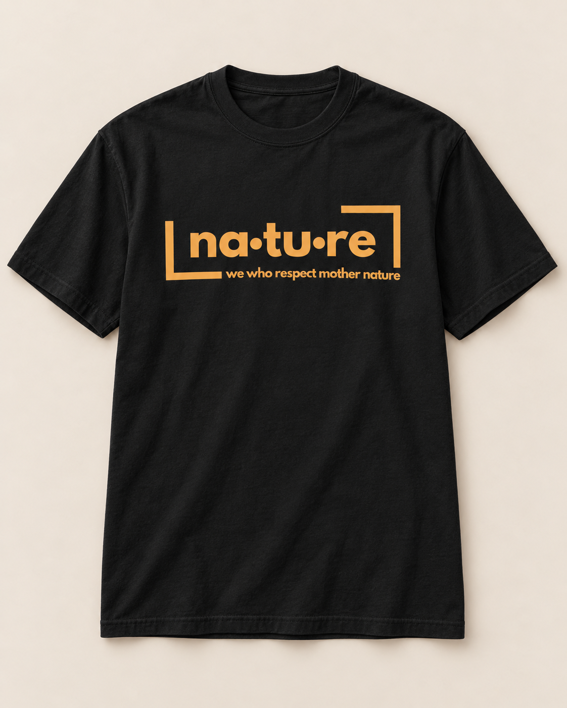 Nature slogan tee, black with gold print, front view — Nature Wear Brand