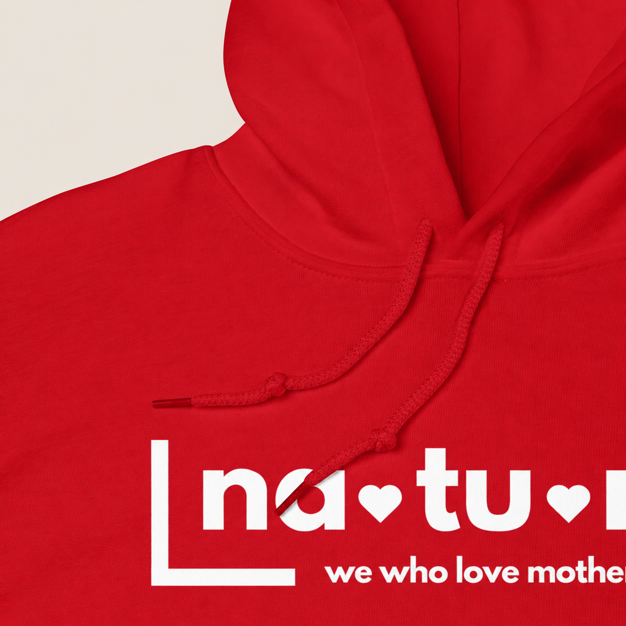 Nature lover hoodie, red with white print, close — Nature Wear Brand