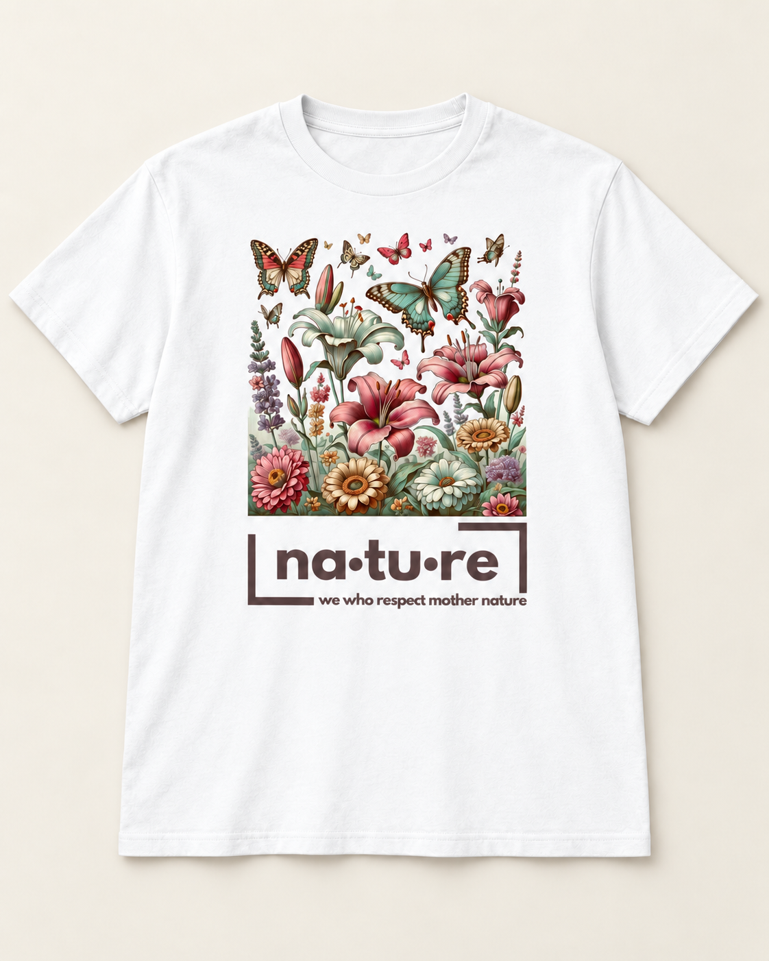 Butterfly garden shirt, white, front view — Nature Wear Brand