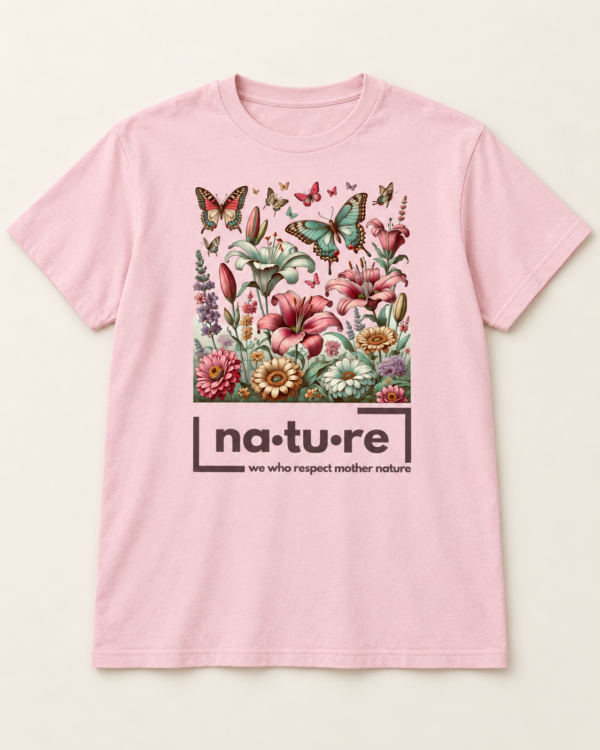 Butterfly garden shirt, pink, front view — Nature Wear Brand