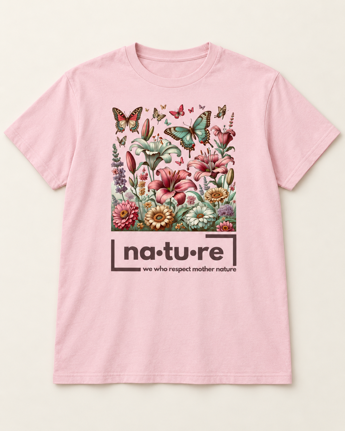 Butterfly garden shirt, pink, front view — Nature Wear Brand