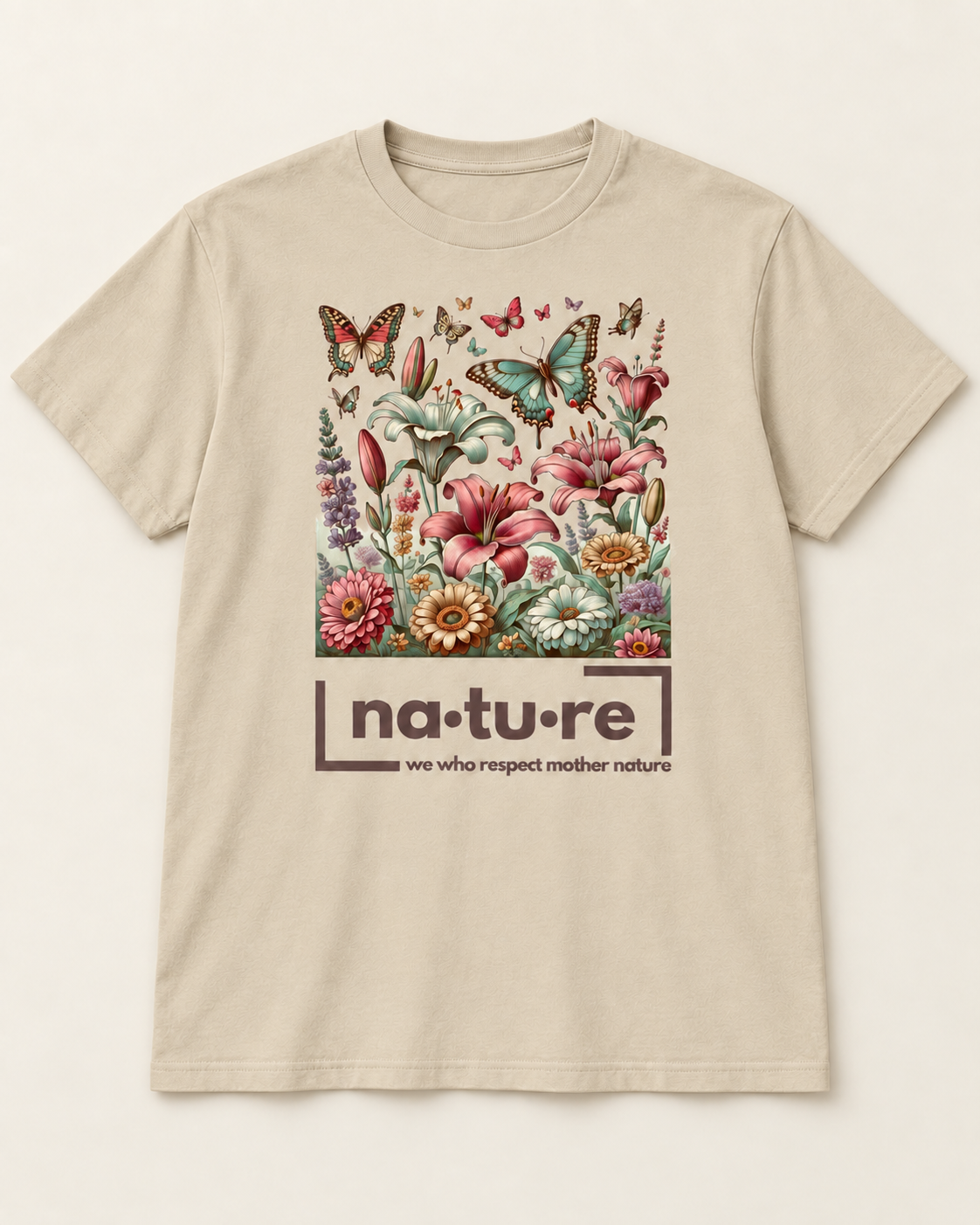 Butterfly garden shirt, tan, front view — Nature Wear Brand