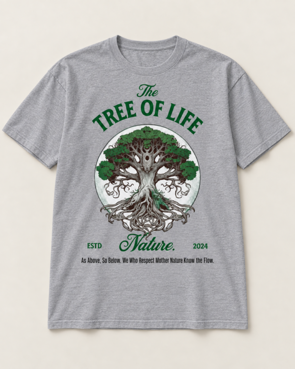 Tree of Life tee, vintage gray, circle logo back — Nature Wear Brand