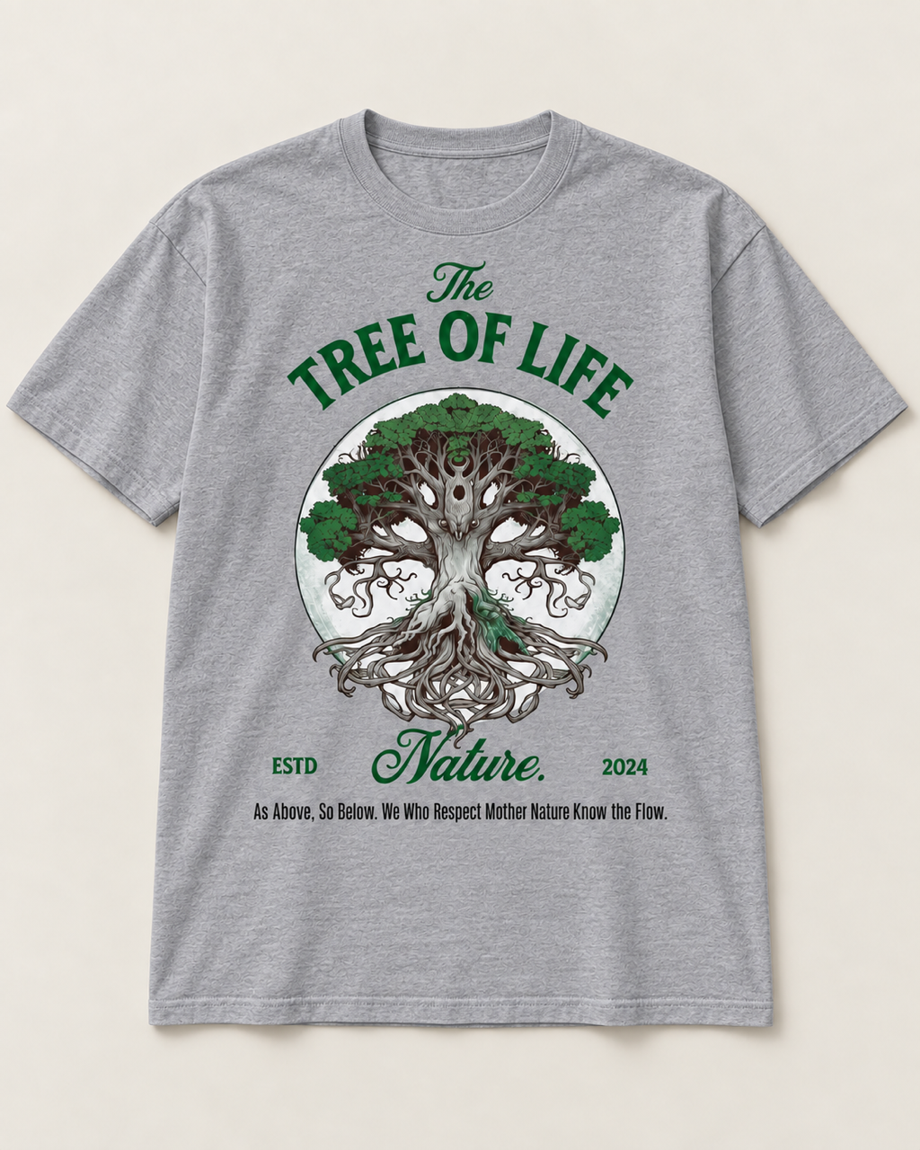 Tree of Life tee, vintage gray, circle logo back — Nature Wear Brand