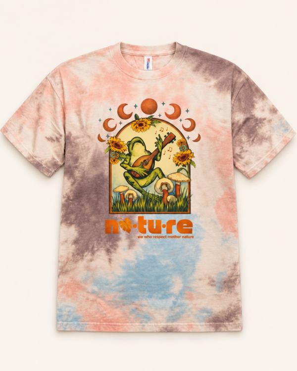 Lunar Groove Frog tie-dye graphic tee, coral sunset wash, front — Nature Wear Brand