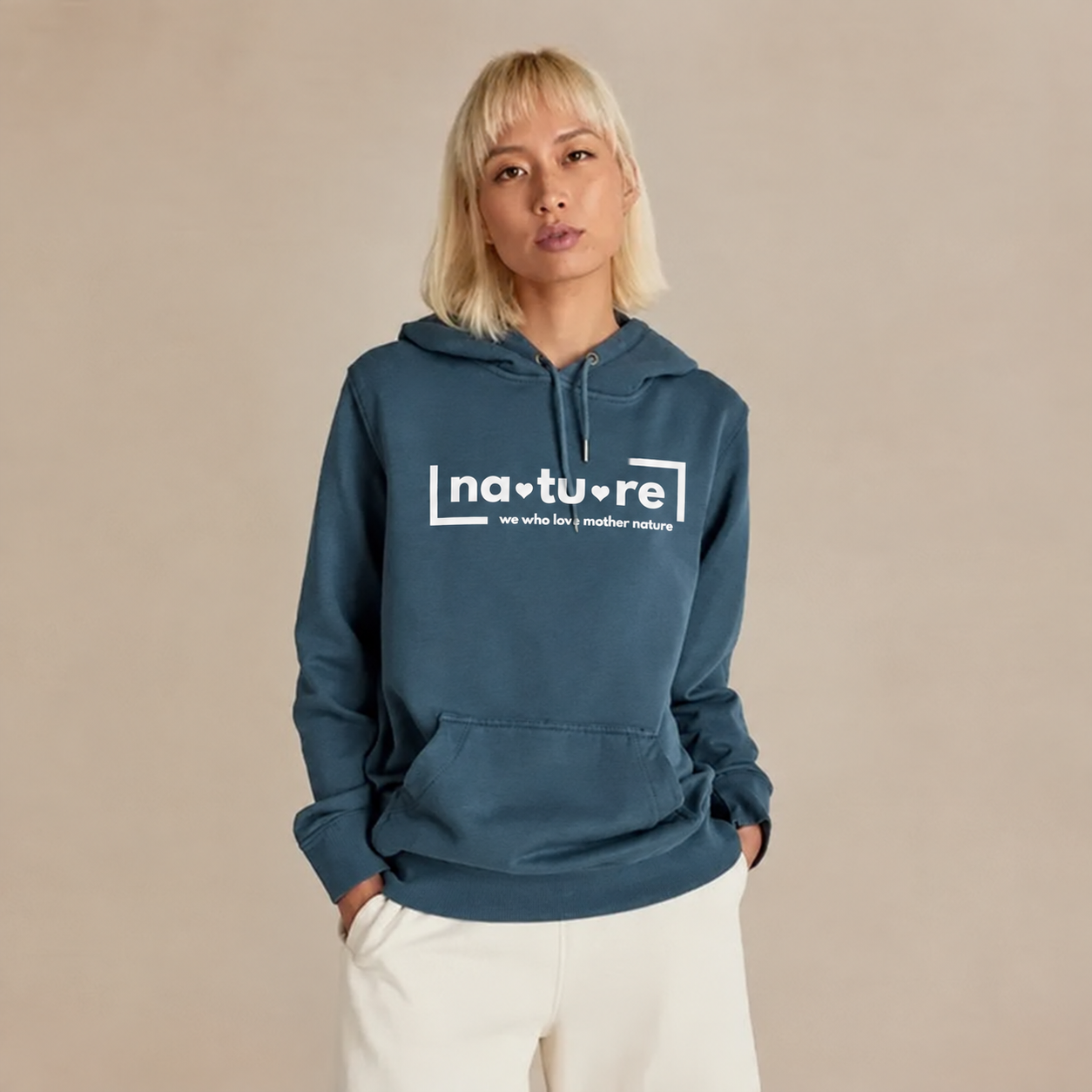 Nature heart logo hoodie, navy, top length on model — Nature Wear Brand