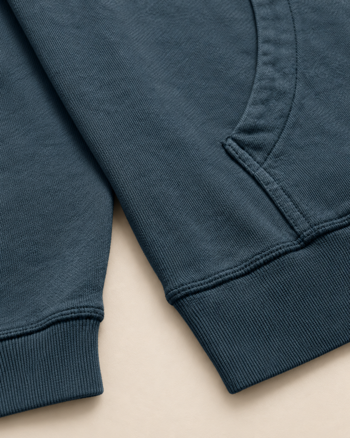 Nature heart logo hoodie, navy, cuff and pocket detail — Nature Wear Brand